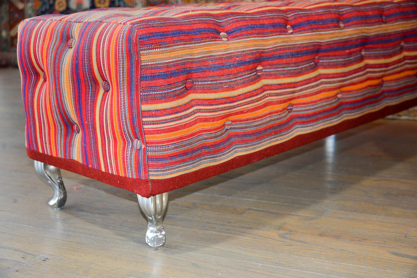 Pair of Benches Covered in Vintage Jajim Kilim Rugs For Sale