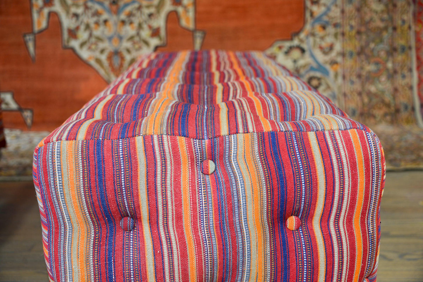 Pair of Benches Covered in Vintage Jajim Kilim Rugs For Sale