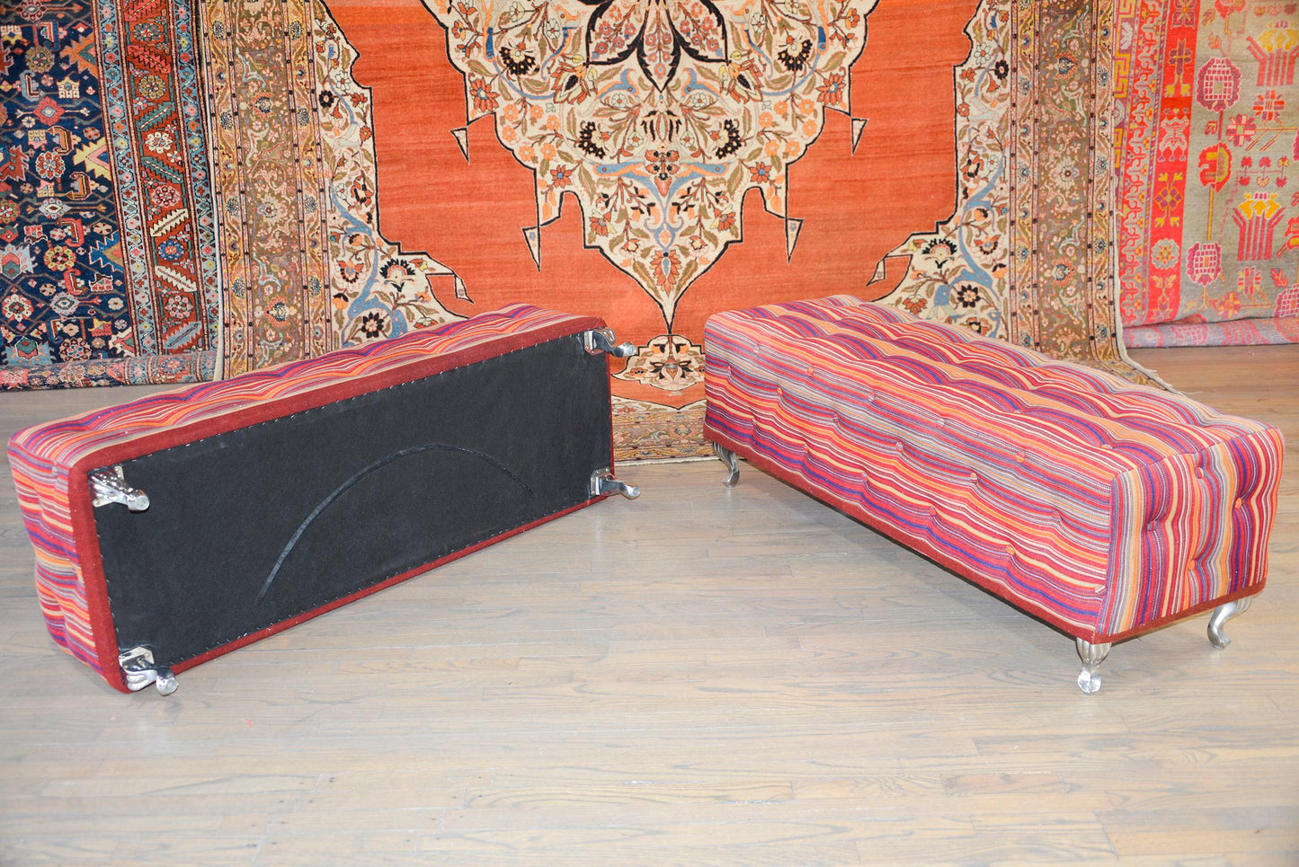 Pair of Benches Covered in Vintage Jajim Kilim Rugs For Sale