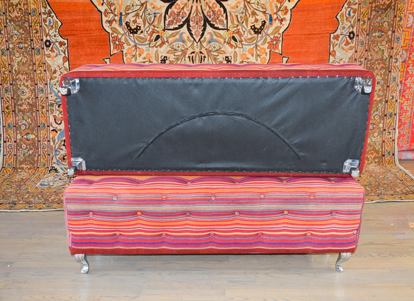 Pair of Benches Covered in Vintage Jajim Kilim Rugs For Sale