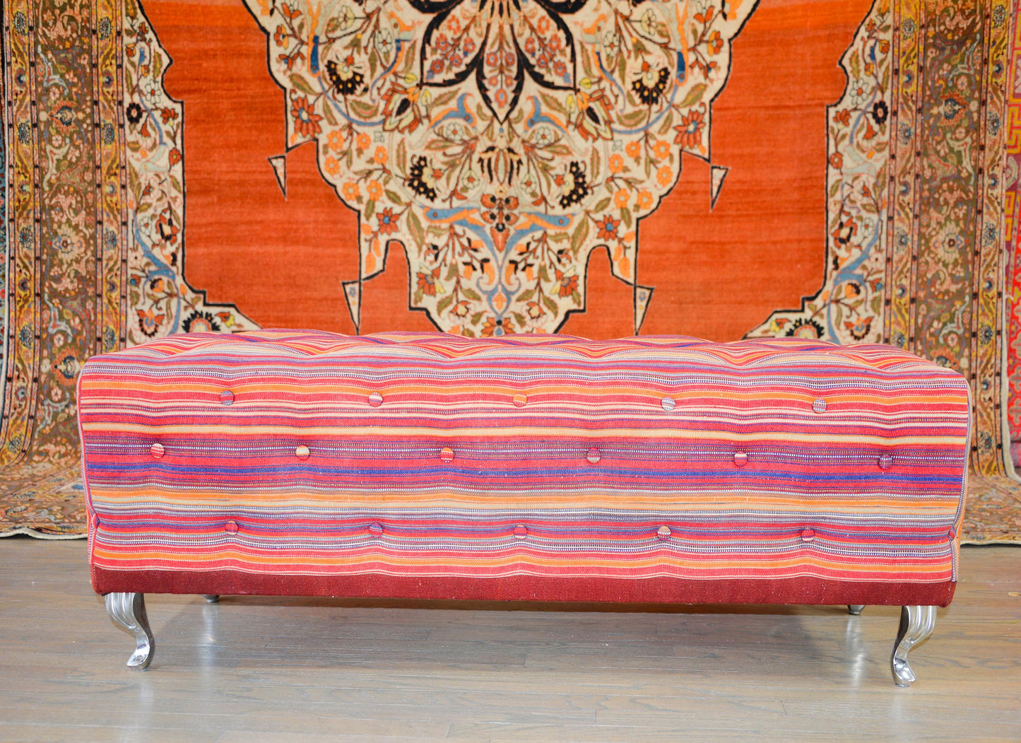 Pair of Benches Covered in Vintage Jajim Kilim Rugs For Sale