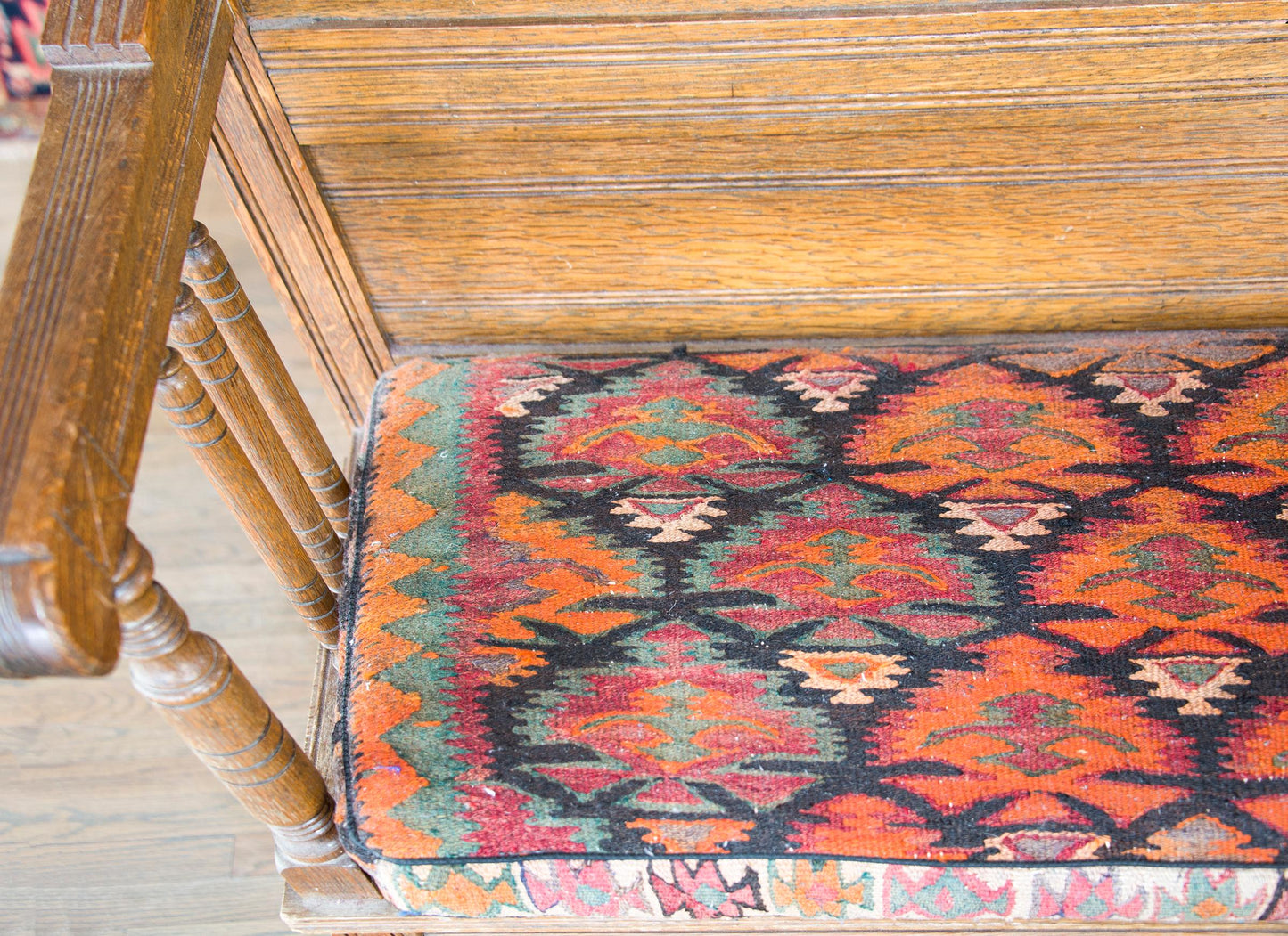 Early 20th Century Danish Bench with Kilim Upholstered Cushion For Sale