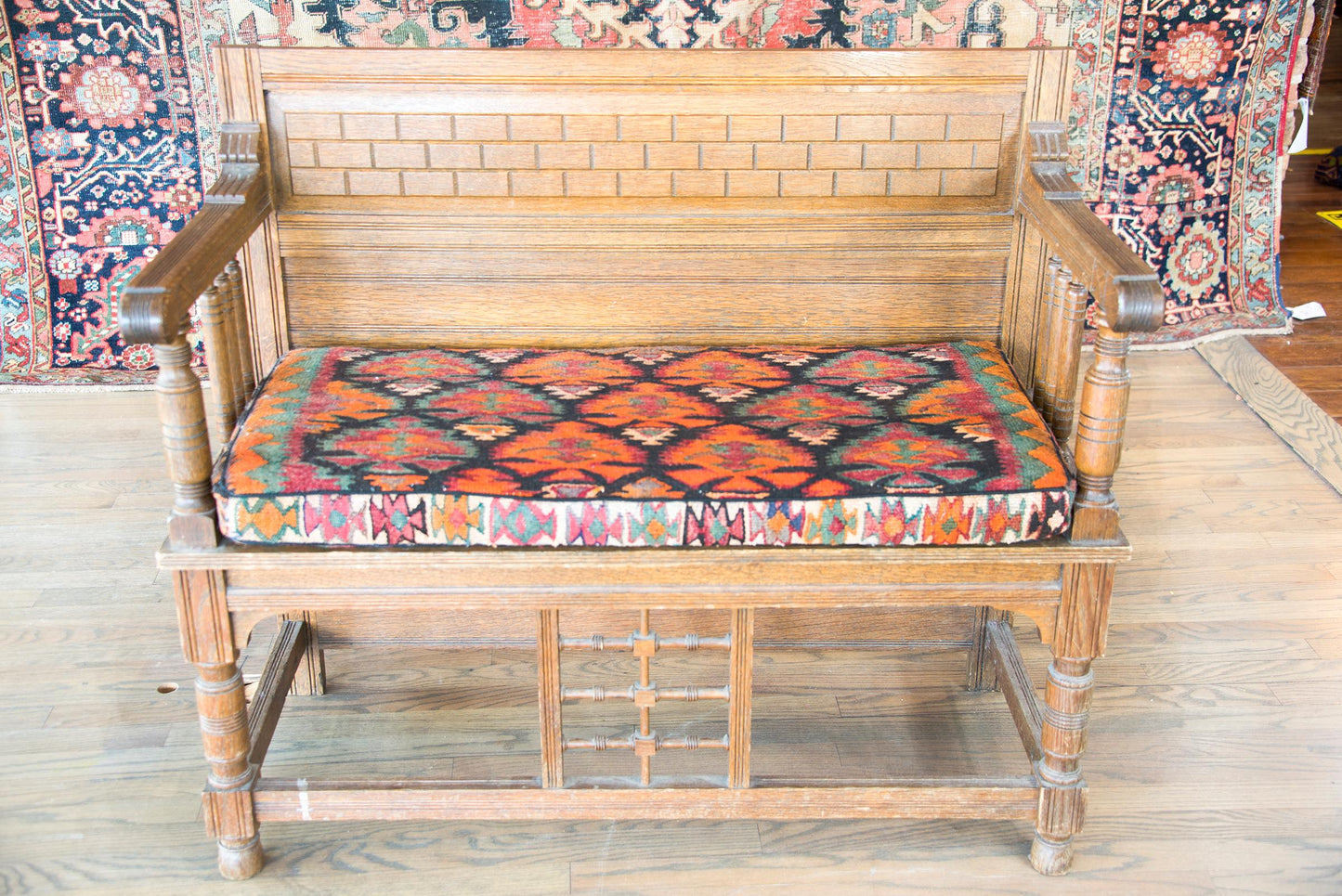 Early 20th Century Danish Bench with Kilim Upholstered Cushion For Sale