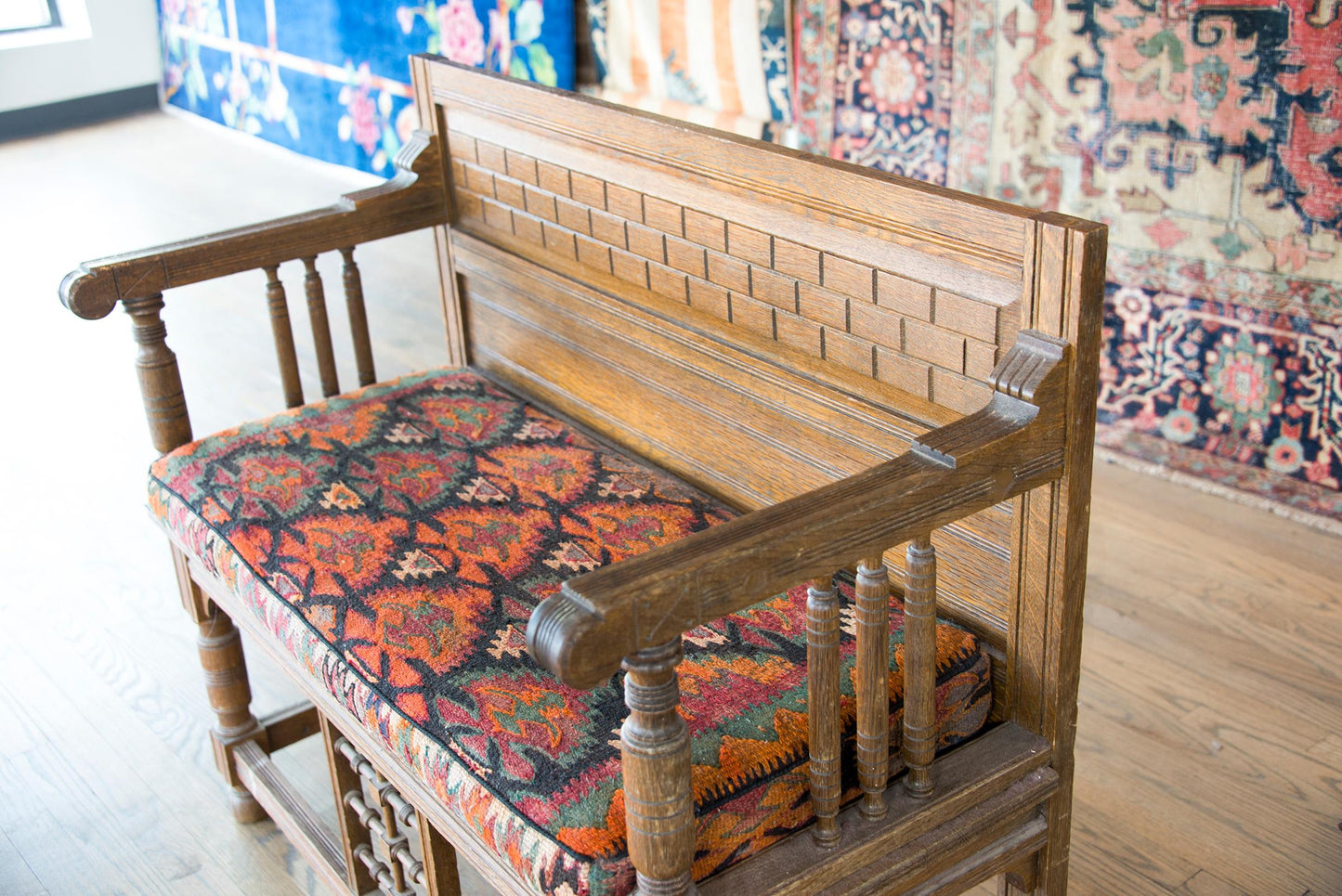 Early 20th Century Danish Bench with Kilim Upholstered Cushion For Sale
