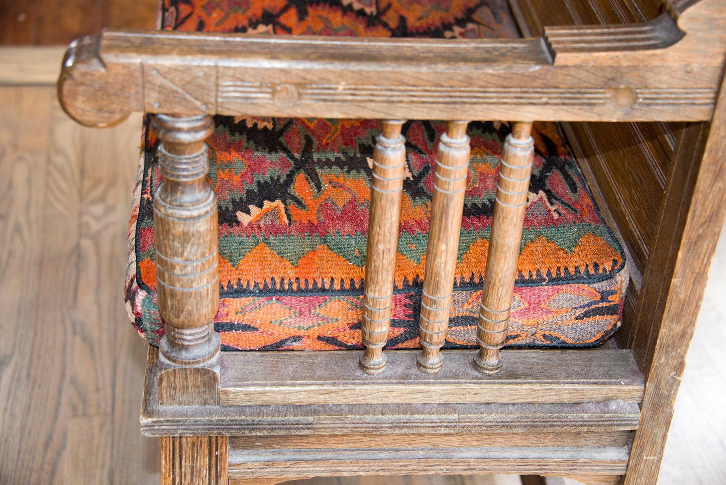 Early 20th Century Danish Bench with Kilim Upholstered Cushion For Sale