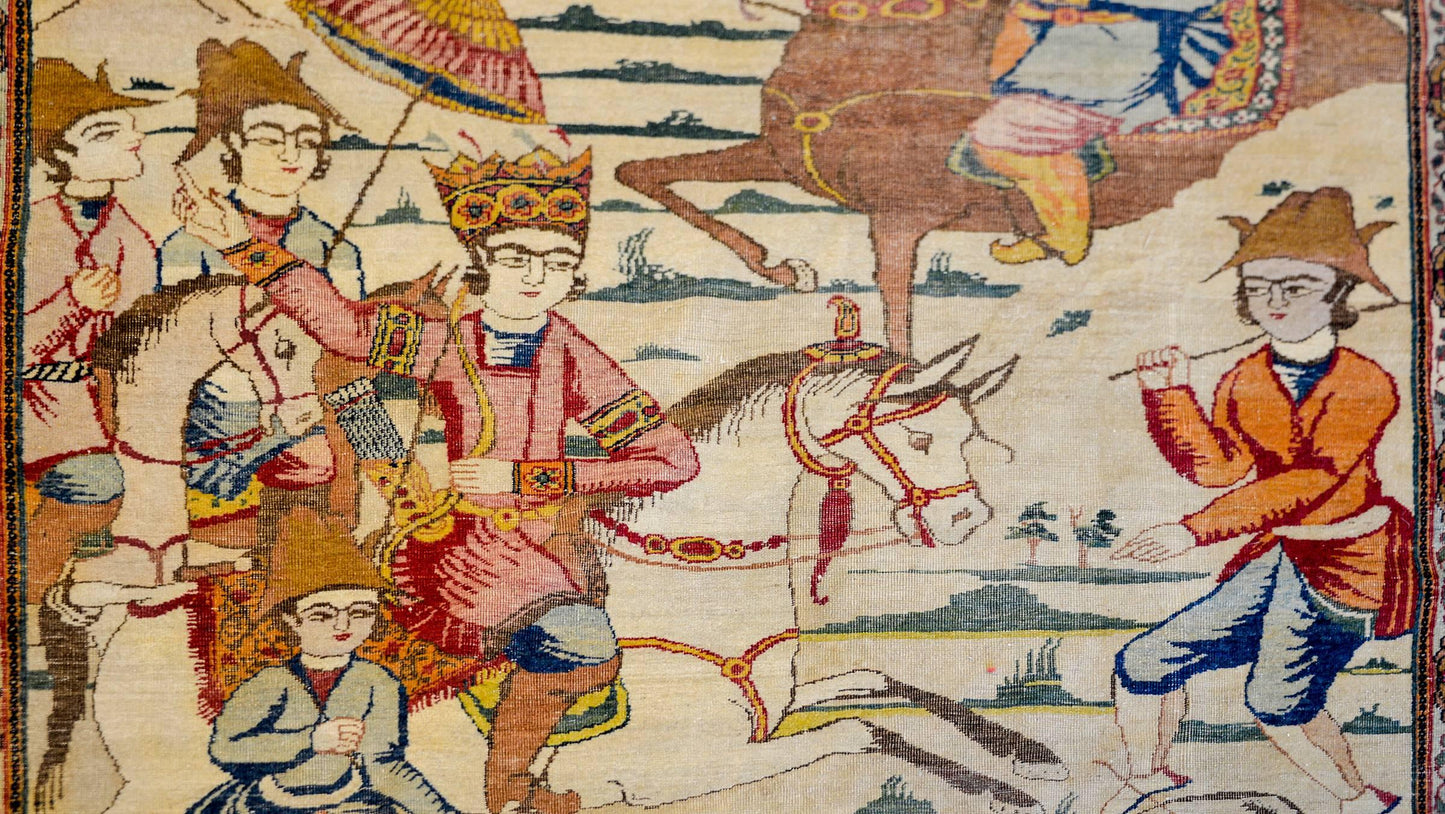 19th Century Lavar Rug Depicting Bahram Gur For Sale