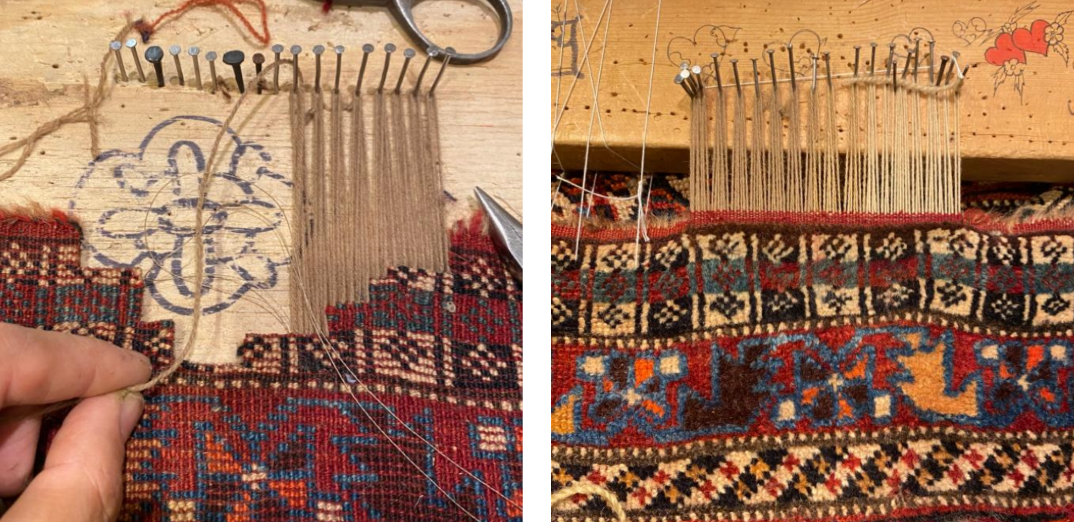 Repairs being made to a handmade wool rug
