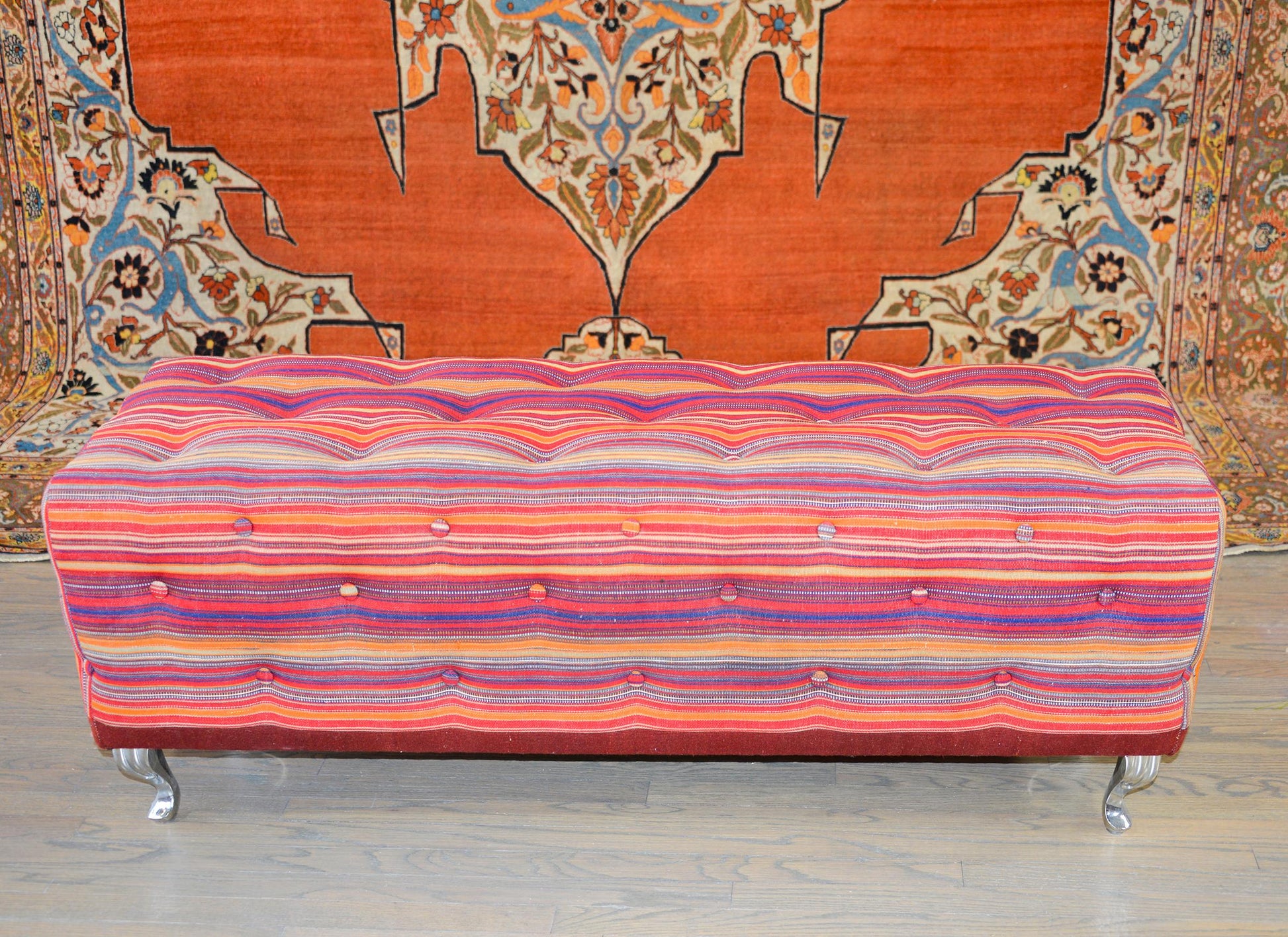 Pair of Benches Covered in Vintage Jajim Kilim Rugs For Sale
