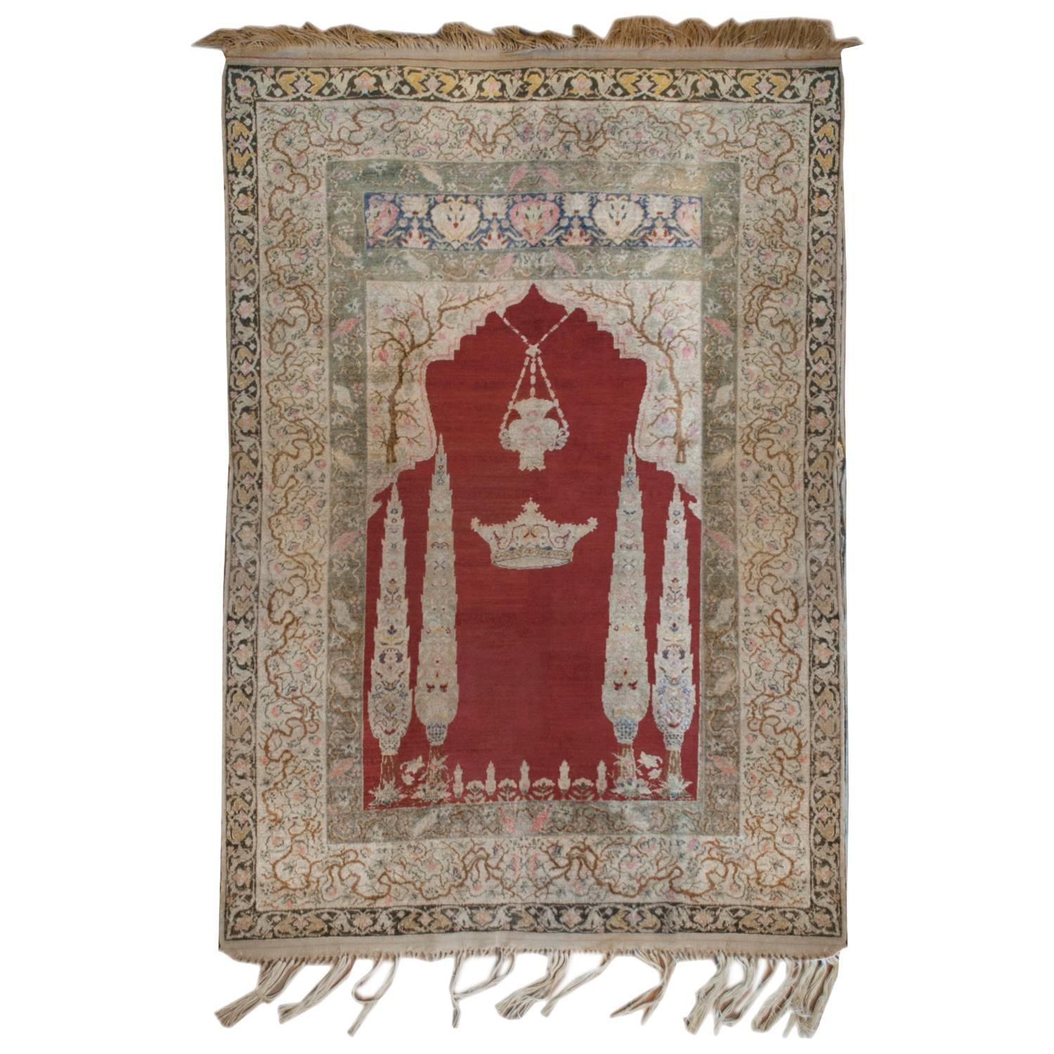 Incredible 19th Century Silk Ghashghaei Prayer Rug For Sale