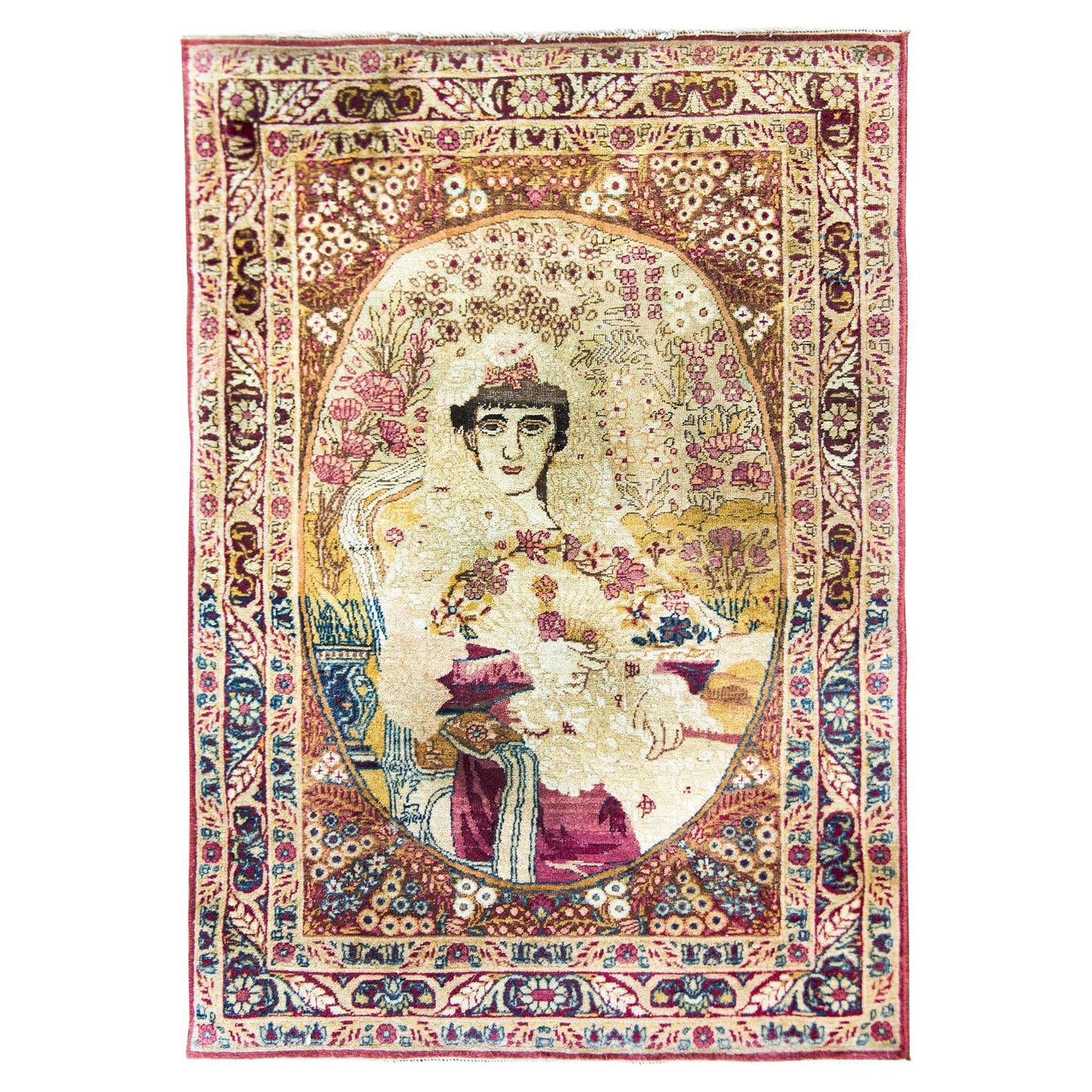 Early 20th Century Persian Pictorial Lavar Kirman Depicting Princess Qajar For Sale