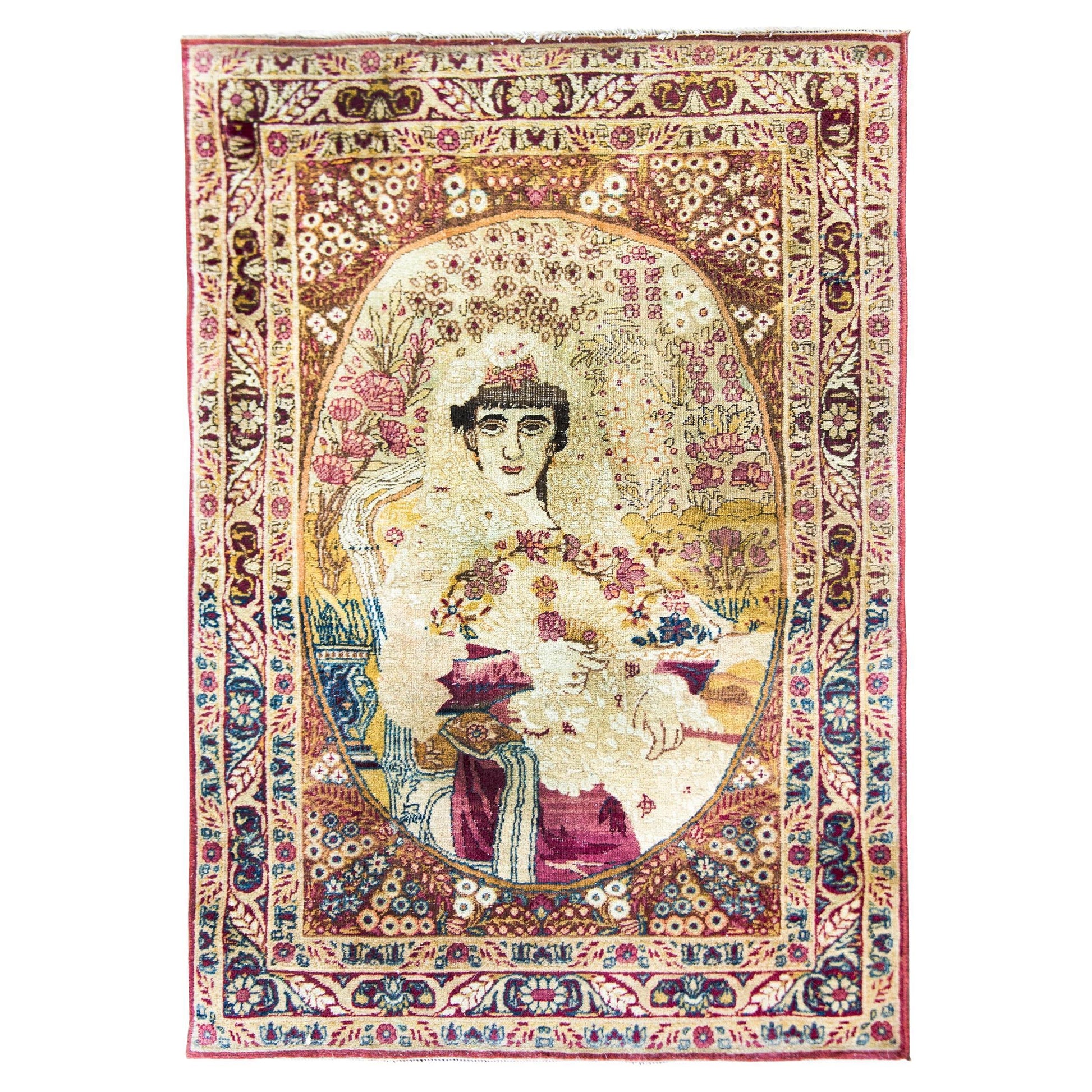 Early 20th Century Persian Pictorial Lavar Kirman Depicting Princess Qajar For Sale