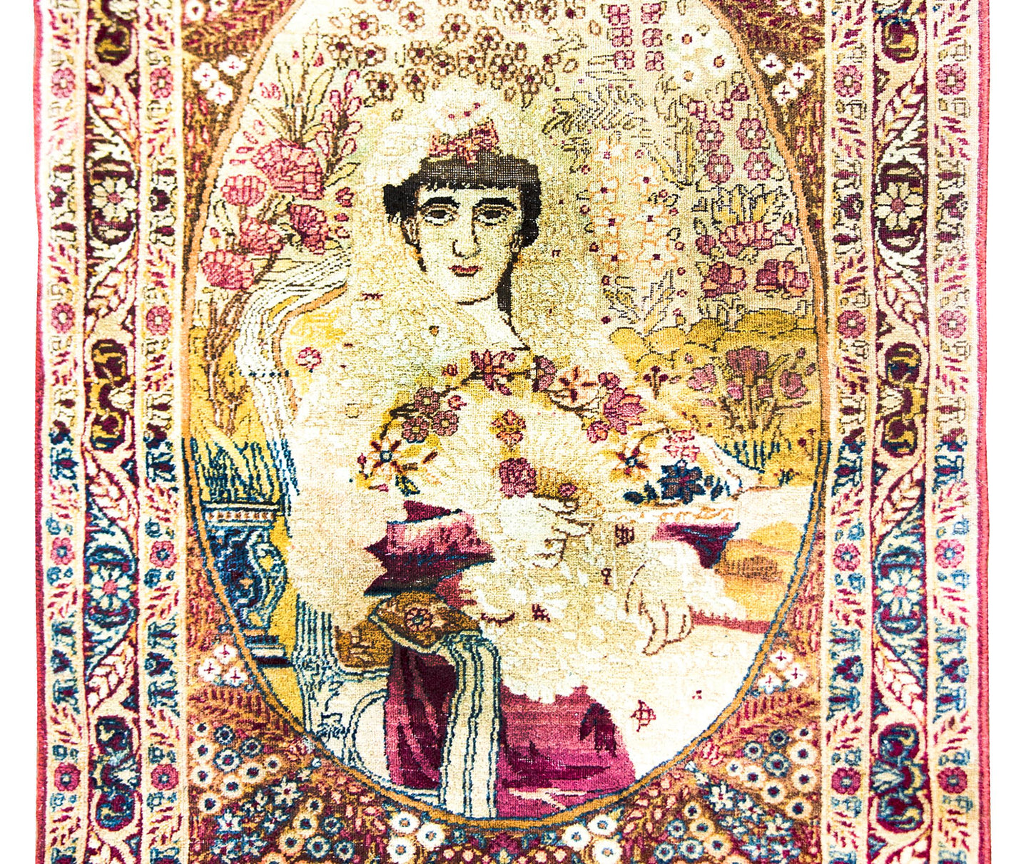 Early 20th Century Persian Pictorial Lavar Kirman Depicting Princess Qajar For Sale