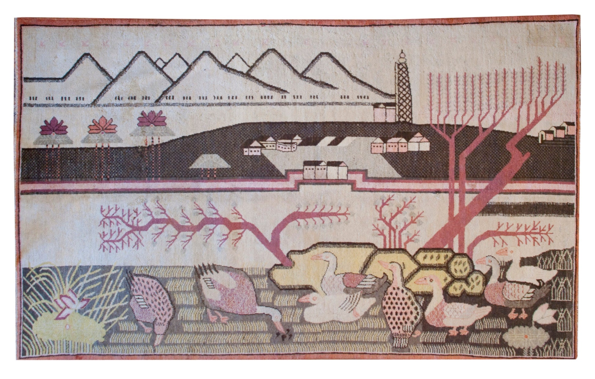 Antique Pictorial Samarkand Rug with Geese For Sale