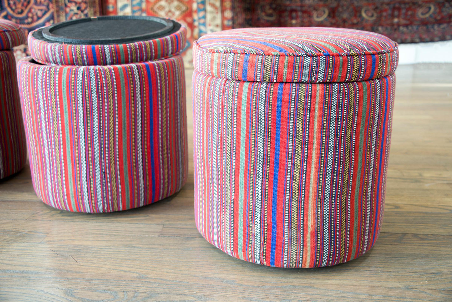 Pair of Persian Jajim Upholstered Stools For Sale